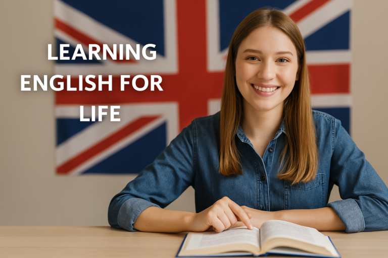 Jovem sorridente olhando para a câmera enquanto estuda inglês com um livro aberto e a bandeira do Reino Unido ao fundo.