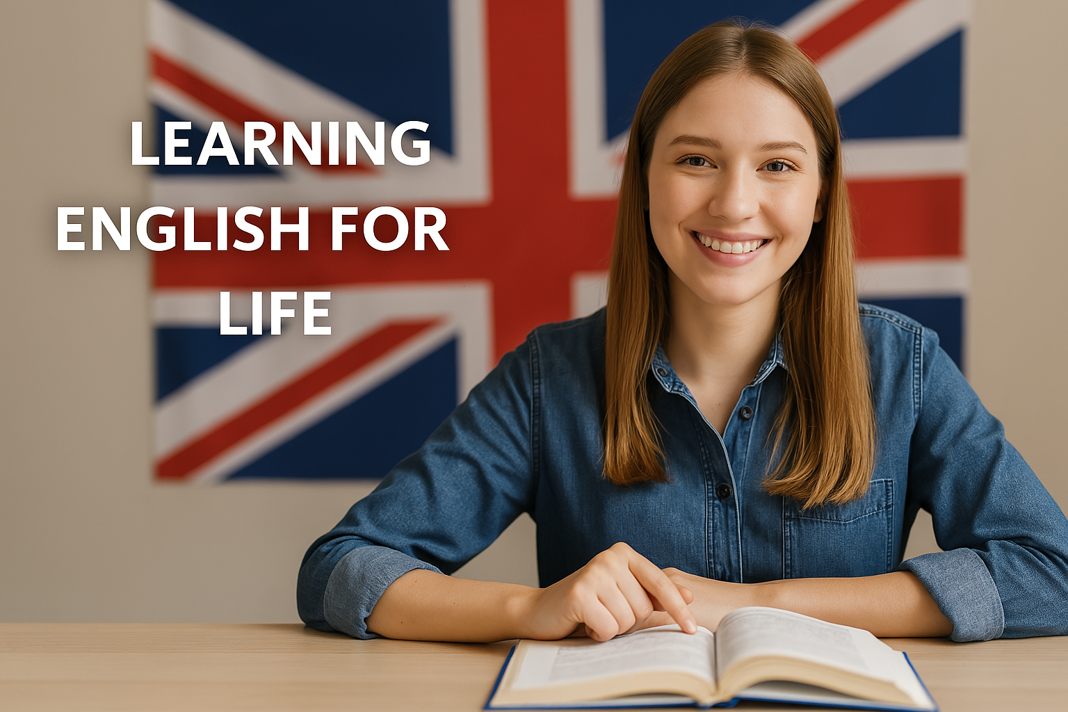 Jovem sorridente olhando para a câmera enquanto estuda inglês com um livro aberto e a bandeira do Reino Unido ao fundo.