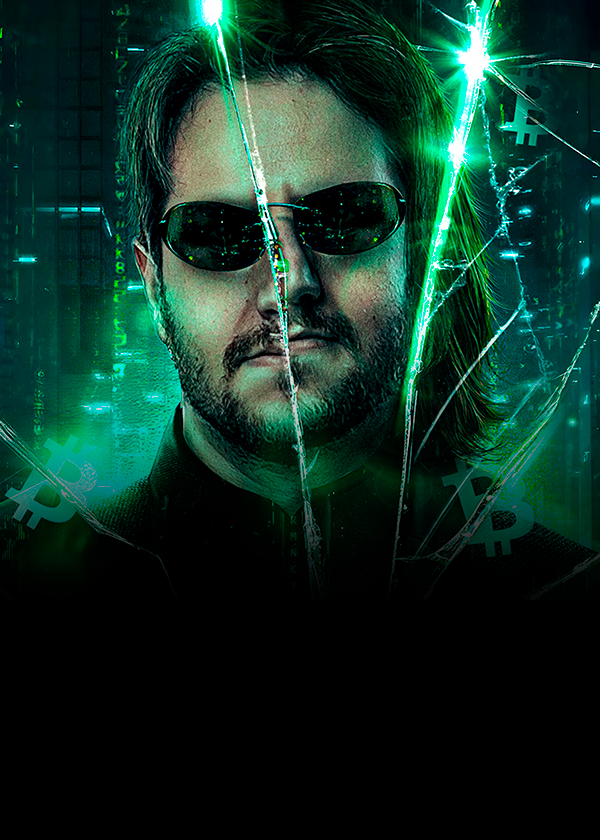 Augusto Backes representado como Neo de Matrix, simbolizando visão e domínio sobre o universo das criptomoedas.