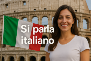Jovem italiana sorridente com o Coliseu de Roma ao fundo, segurando a bandeira da Itália e o texto “Si parla italiano”.