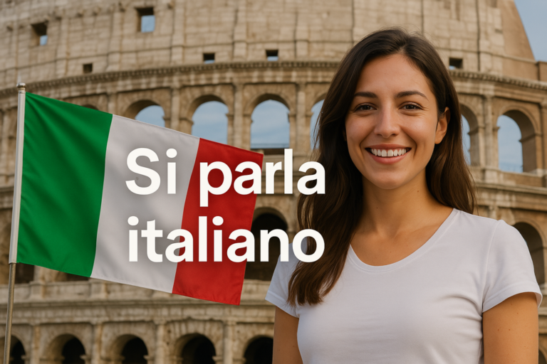 Jovem italiana sorridente com o Coliseu de Roma ao fundo, segurando a bandeira da Itália e o texto “Si parla italiano”.