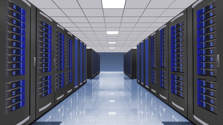 Infraestrutura moderna de data center com servidores em funcionamento, representando a estabilidade e segurança da Hostinger.