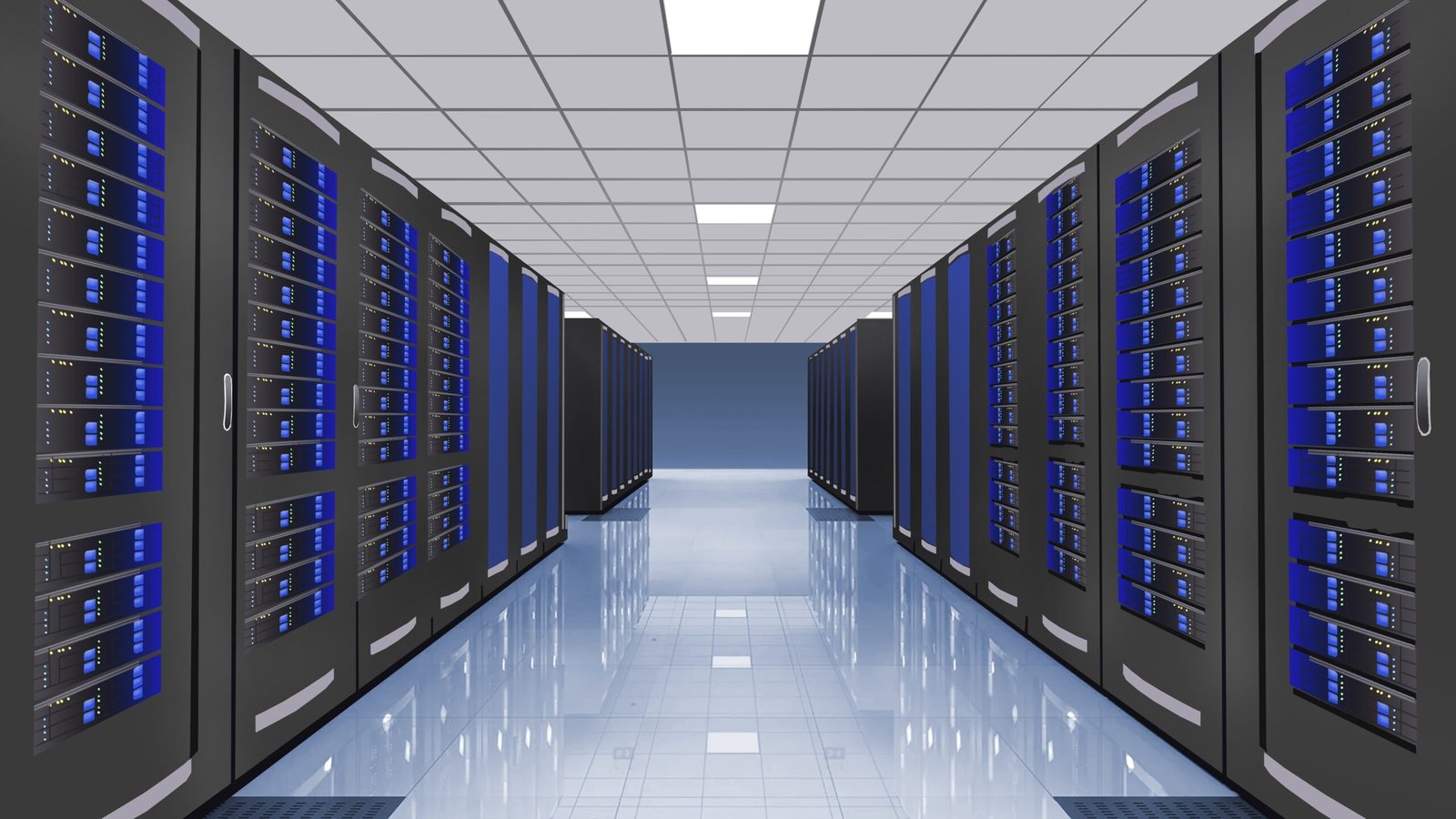 Infraestrutura moderna de data center com servidores em funcionamento, representando a estabilidade e segurança da Hostinger.