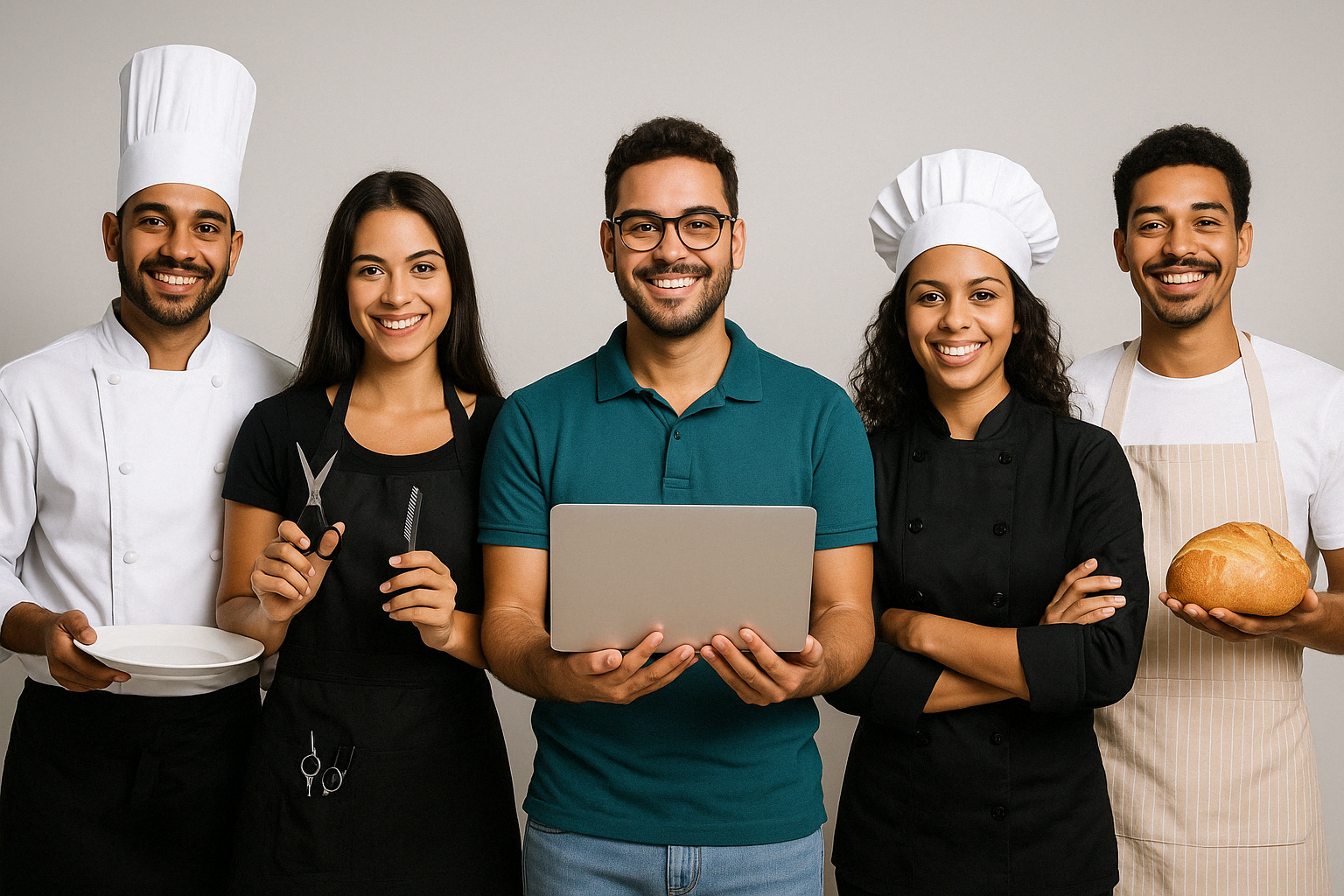 Profissionais brasileiros representando diversas carreiras como cozinheiro, cabeleireira, manicure, pasteleiro e técnico de informática