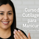 Faby Cardoso Ferreira sorrindo com unhas bem feitas ao lado do título “Curso de Cutilagem para Manicures”