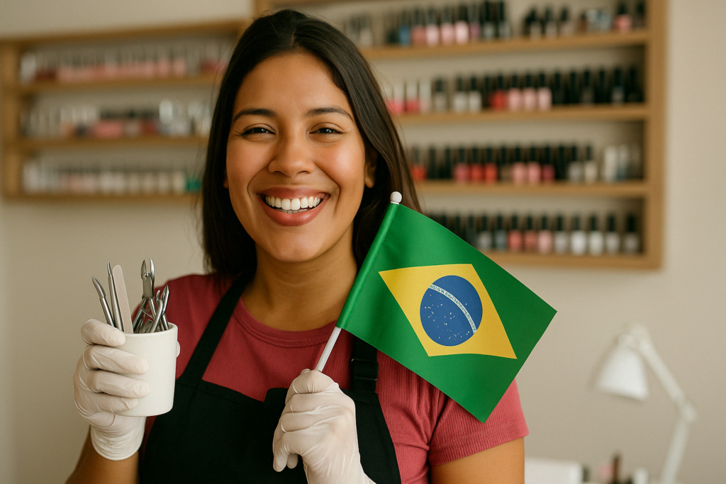 Manicure brasileira sorridente comemorando o sucesso profissional após fazer o curso de cutilagem da Faby Cardoso

