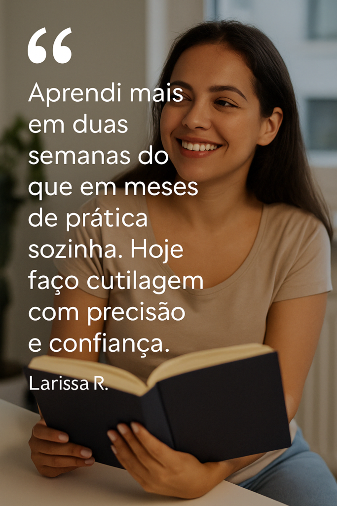 Depoimento de Larissa R. sobre o curso de cutilagem da Faby Cardoso com fundo de manicure sorridente

