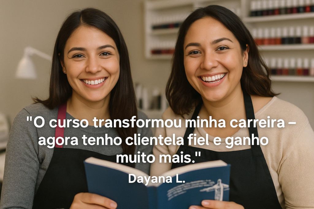 Duas manicures brasileiras felizes após impulsionarem suas carreiras com o curso de cutilagem da Faby Cardoso


