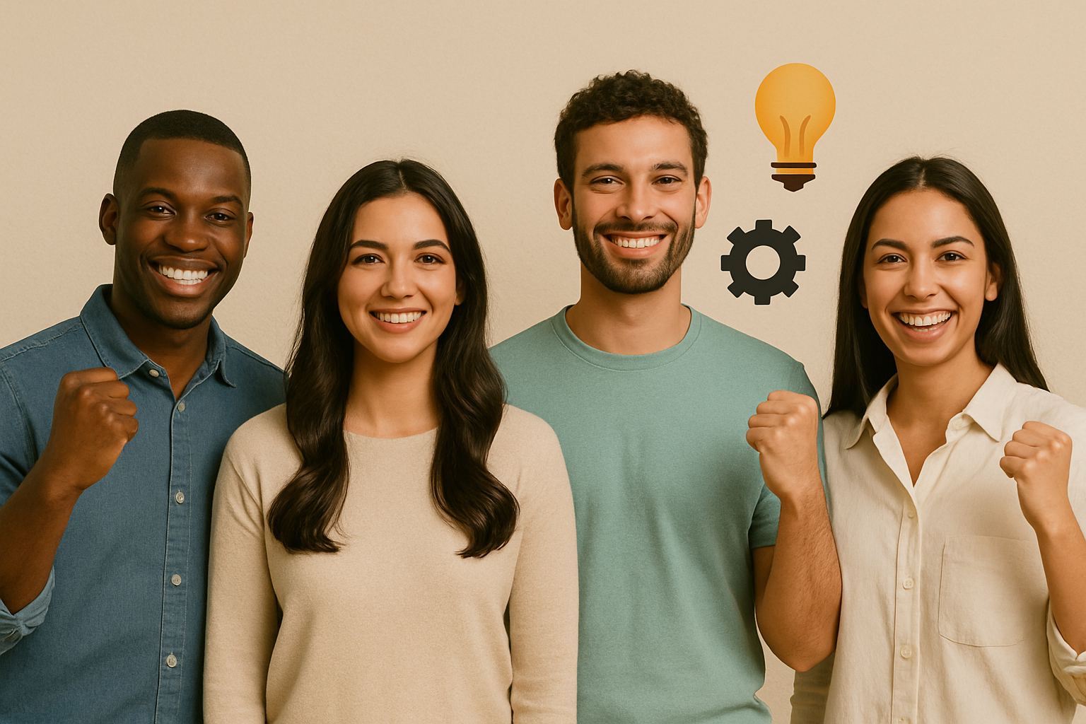 Quatro pessoas brasileiras em ambiente casual, representando desenvolvimento pessoal e produtividade em equipe.