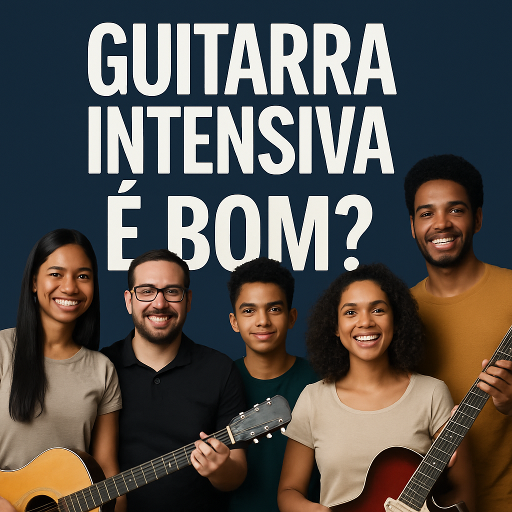 Cinco brasileiros com guitarras, representando alunos do curso de guitarra online Guitarra Intensiva, em um ambiente descontraído.
