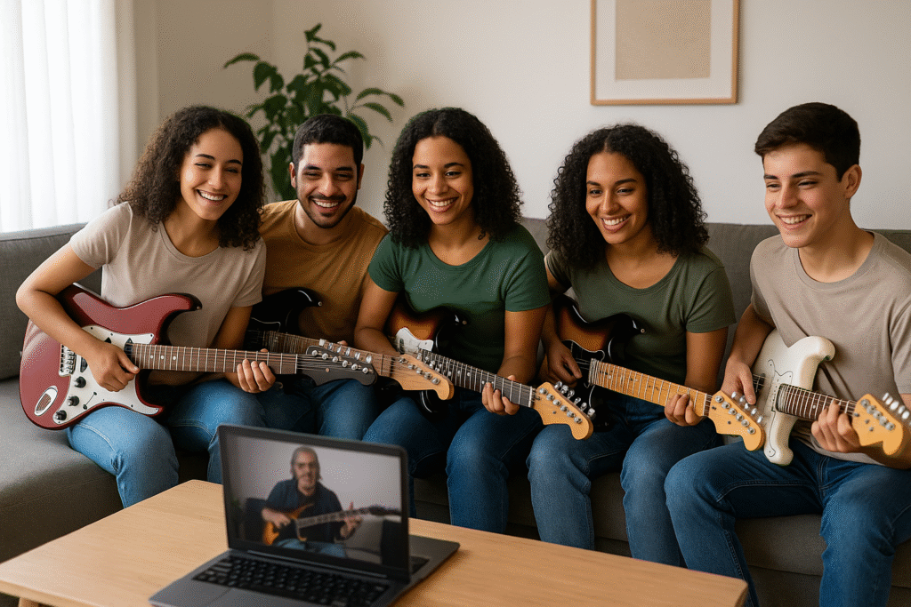 Cinco pessoas brasileiras com guitarras elétricas participando de uma aula online, sorrindo e acompanhando o instrutor pelo laptop.

