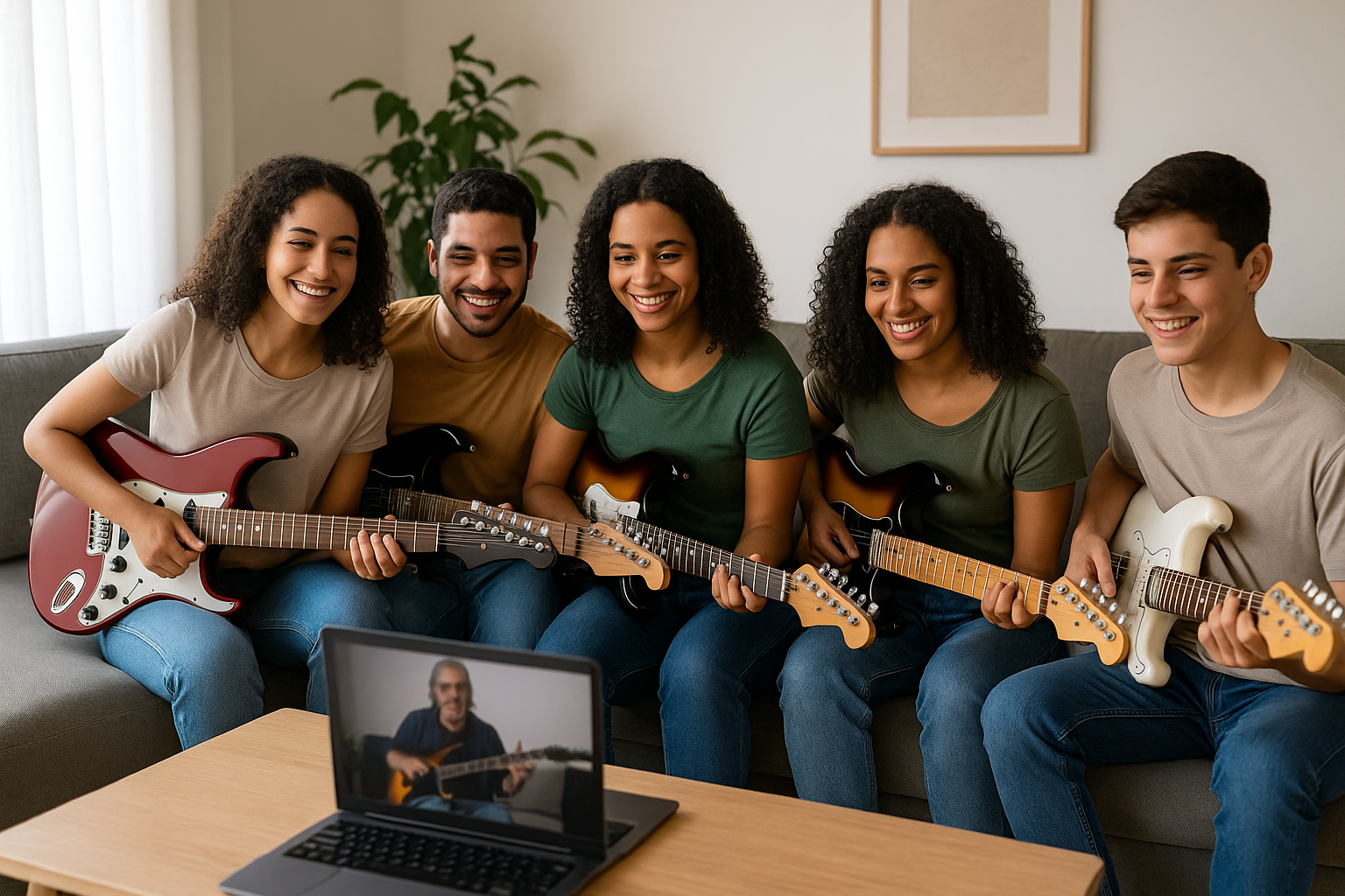 Cinco pessoas brasileiras com guitarras elétricas participando de uma aula online, sorrindo e acompanhando o instrutor pelo laptop.