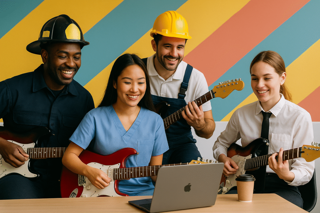 Profissionais de diversas áreas, incluindo bombeiro, enfermeira, operário e executivo, com guitarras elétricas, participando de um curso de guitarra online.

