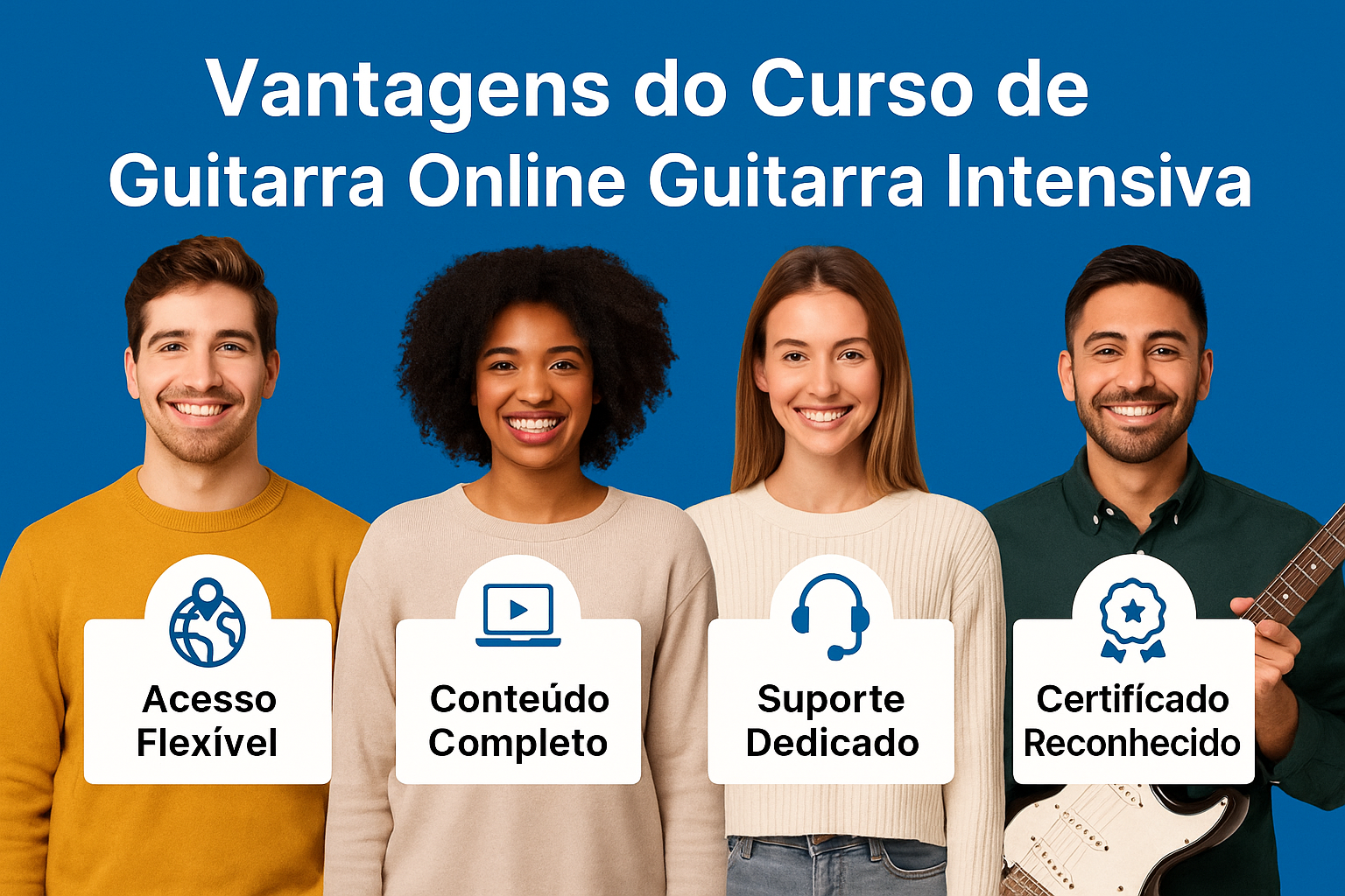 Quatro alunos brasileiros sorrindo, com ícones destacando vantagens do curso de guitarra online Guitarra Intensiva: acesso flexível, suporte e certificado.