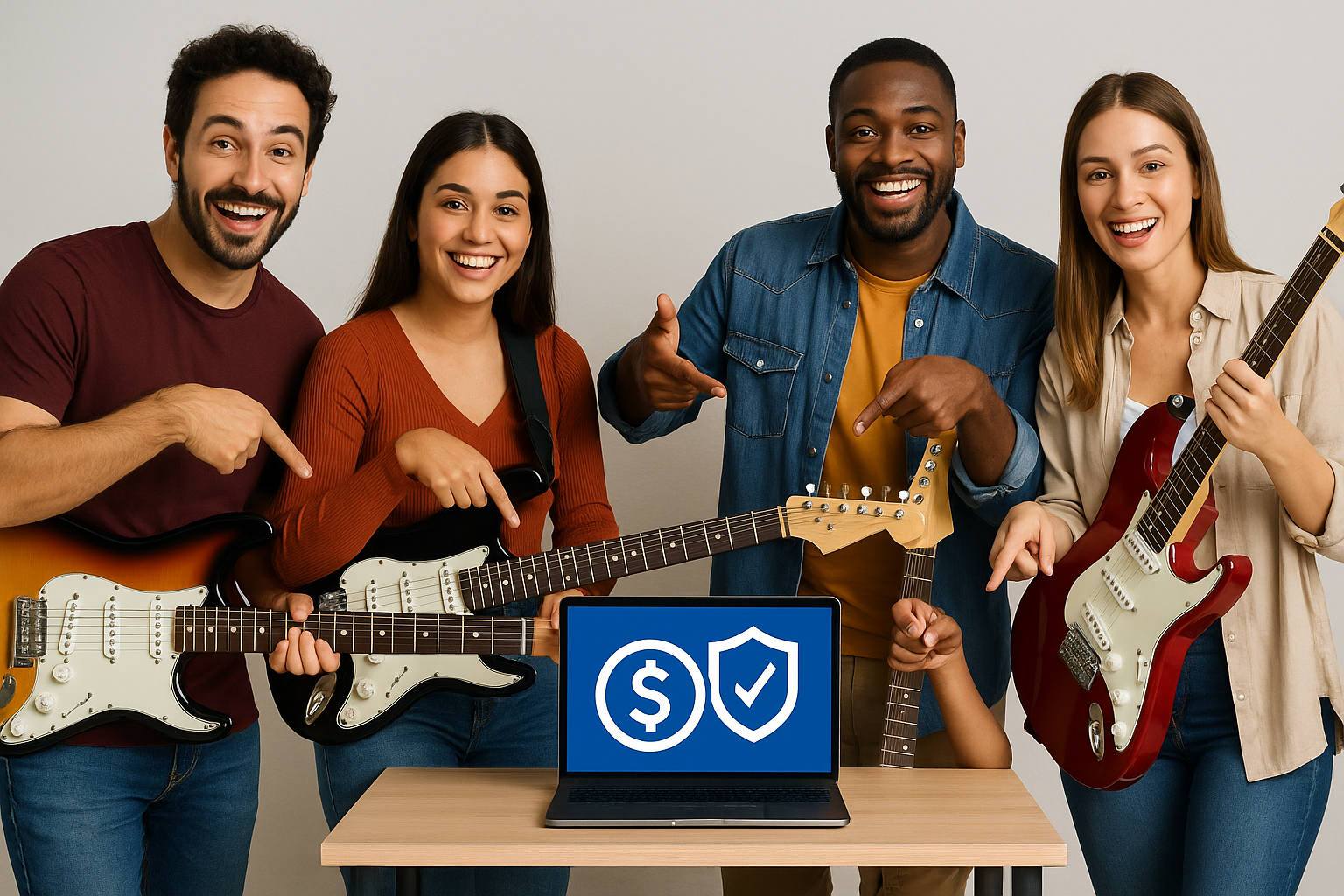 Alunos brasileiros com guitarras elétricas apontando para um laptop com ícones de pagamento seguro e garantia, simbolizando a compra do curso Guitarra Intensiva.