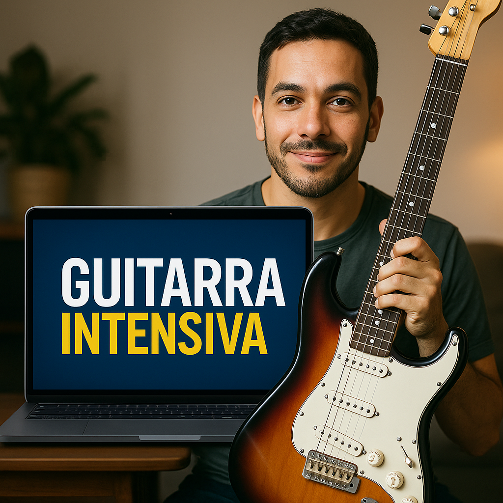 Homem sorrindo segurando uma guitarra elétrica ao lado de um laptop com o título Guitarra Intensiva, representando curso de guitarra online.