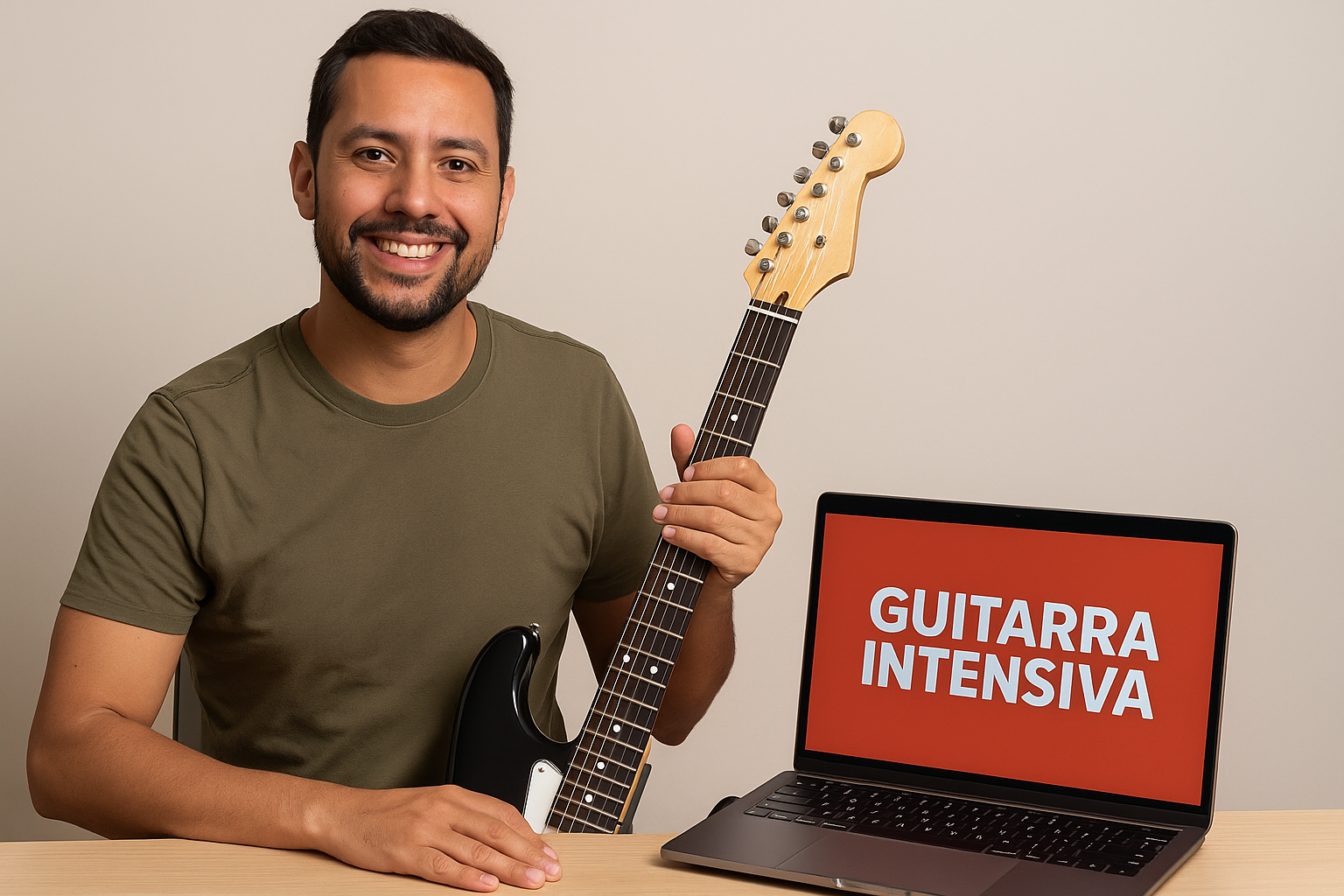 Homem sorrindo segurando uma guitarra elétrica ao lado de um laptop com o título Guitarra Intensiva, representando curso de guitarra online.