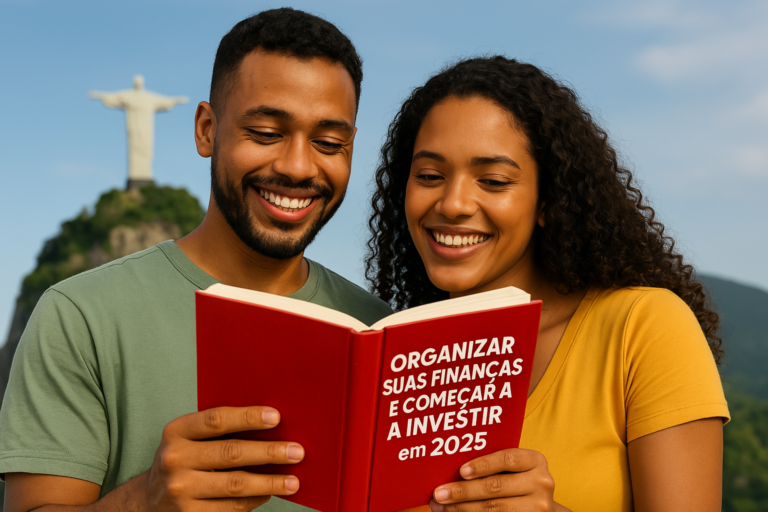 Casal brasileiro sorridente lendo um livro com o título “Como Organizar Suas Finanças e Começar a Investir em 2025”, com o Cristo Redentor ao fundo
