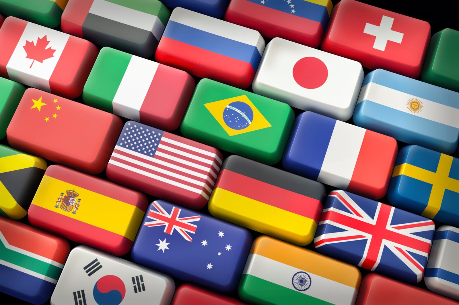 Bandeiras de vários países representando diferentes idiomas disponíveis para aprendizado online.