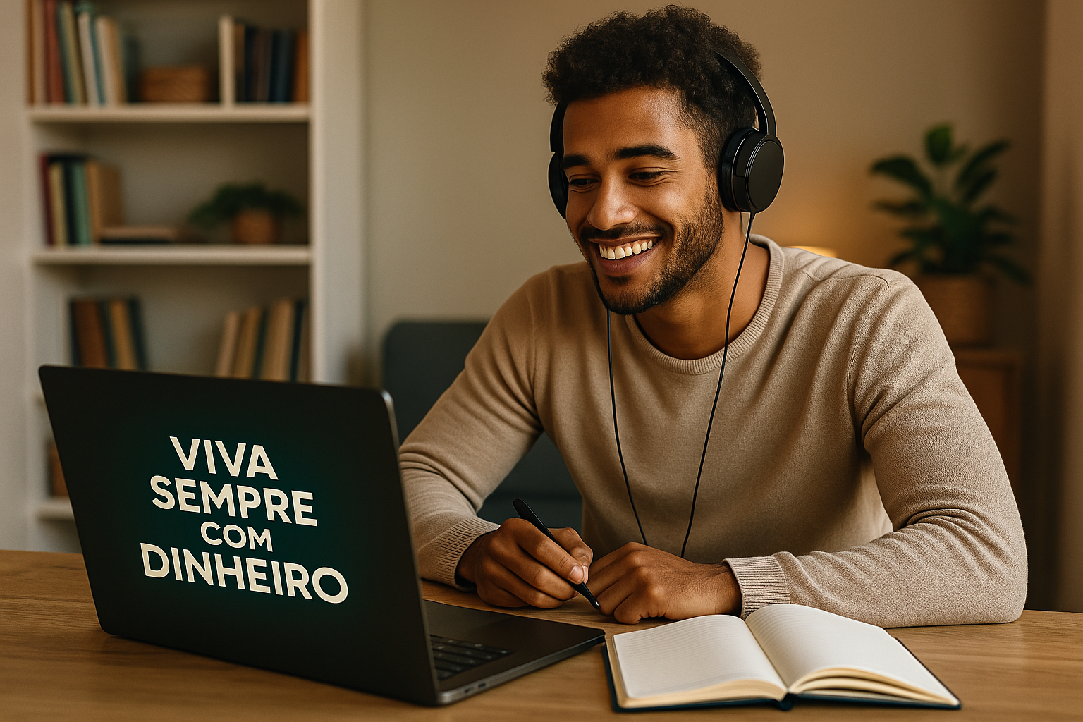 Jovem concentrado estudando um curso online sobre finanças pessoais no notebook