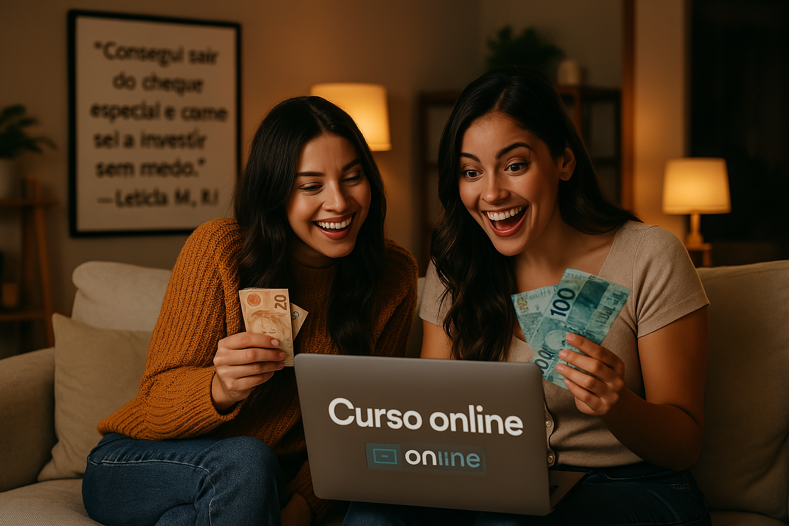 Duas amigas brasileiras sorridentes com dinheiro na mão assistindo juntas a um curso de finanças pessoais em um notebook